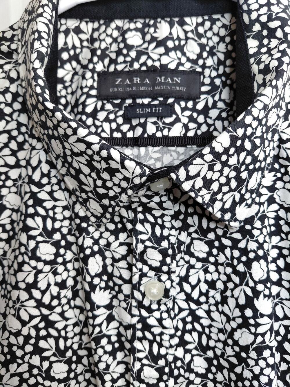 Zara Man Floral Dress Shirt Slim Fit Black White Ditsy Print Size XL